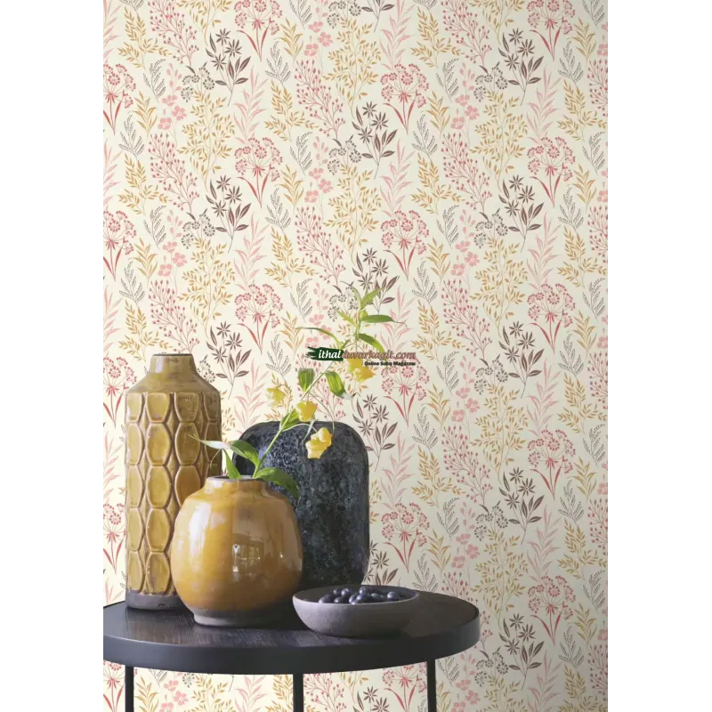 Beltesto 794533 krem zeminli soft pembe kiremit yaprak ve kır çiçeği desenli rulo ithal elyaf duvar kağıdı