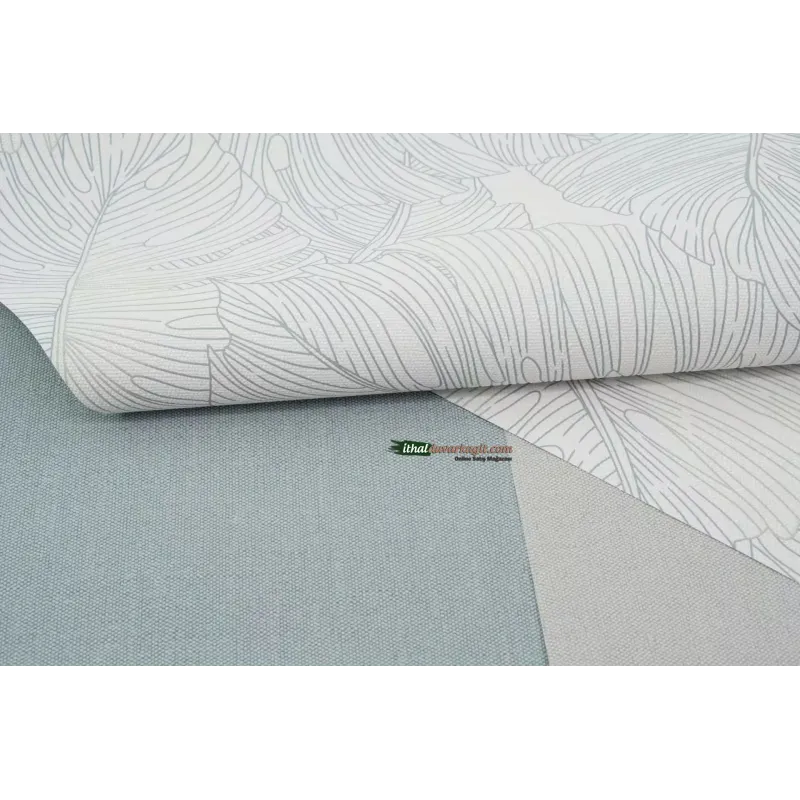 Beltesto 794809 mat krem renkli soft yeşil çizgisel tropikal monstera yaprak desenli rulo ithal elyaf duvar kağıdı