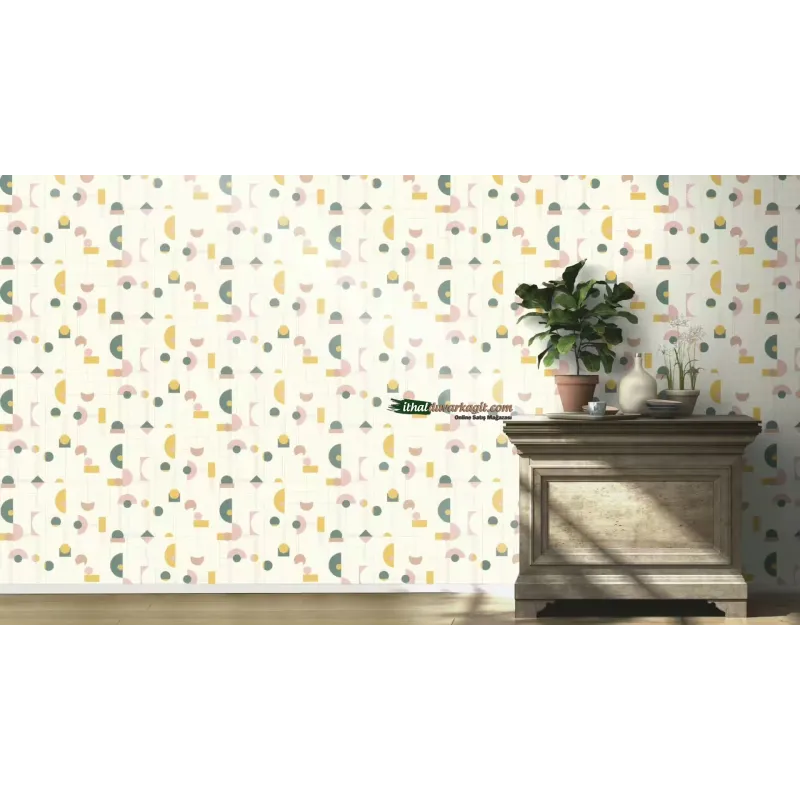 Beltesto 795271 Geometrik Krem Hardal Duvar Kağıdı Beltesto 795271 krem zeminli retro geometrik bauhaus soyut şekilli rulo ithal elyaf duvar kağıdı