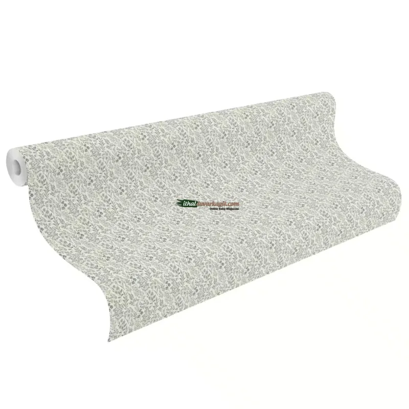 Country Living 970869 mat kırık beyaz krem zemin yeşil gri soft tonlu çıtır kır çiçeği minik yaprak desenli ince gofreli ithal duvar kağıdı