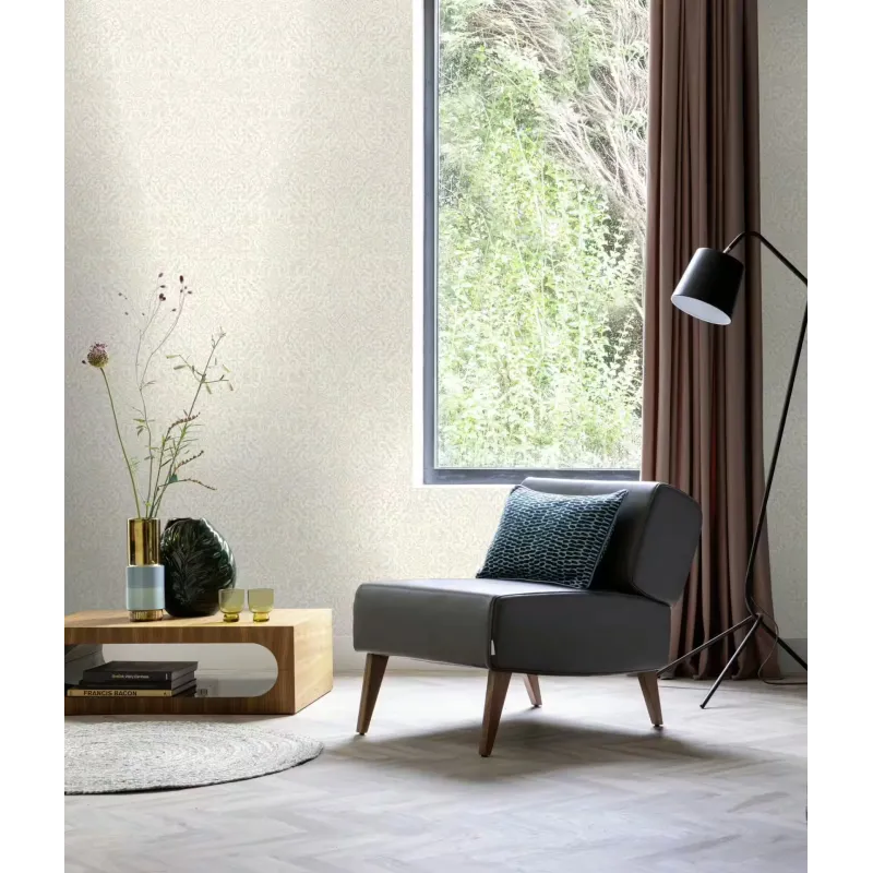 Rasch In Bloom Rosalie Krem Beyaz Damask Duvar Kağıdı Krem ve ekru zemin üzerine klasik şam damask desenli keten dokulu Alman mimari duvar kağıdı