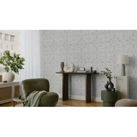 Açık gri zemin üzerine füme ve gri tonlarında klasik medalyon damask desenli Alman mimari duvar kağıdı