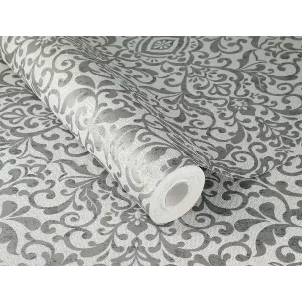 Açık gri zemin üzerine füme ve gri tonlarında klasik medalyon damask desenli Alman mimari duvar kağıdı