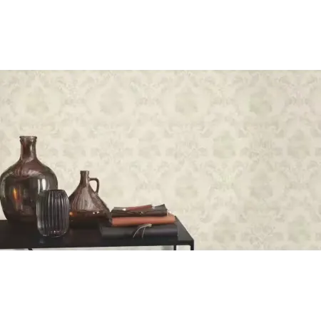 Kırık beyaz ve ekru tonlarında klasik damask desenli Alman mimari duvar kağıdı
