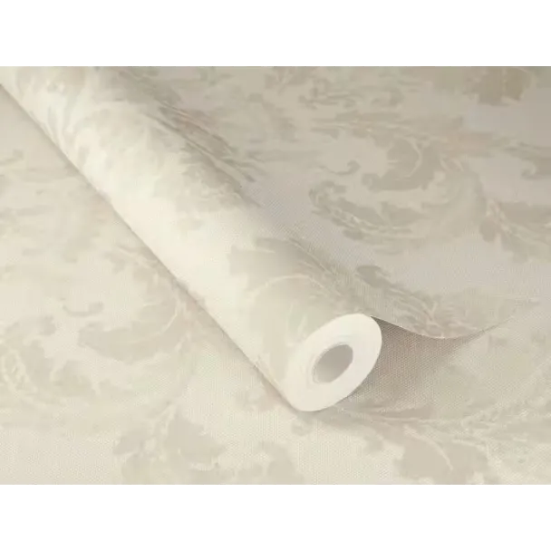 Kırık beyaz ve ekru tonlarında klasik damask desenli Alman mimari duvar kağıdı
