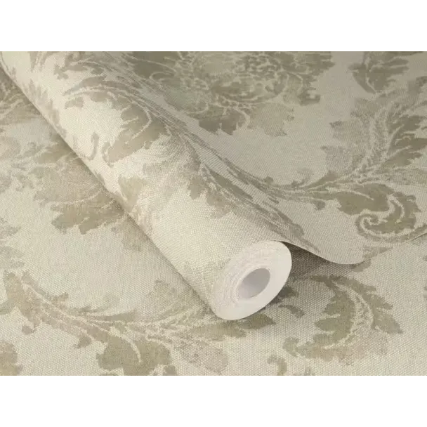 Krem zemin üzerine vizon ve bej tonlarında klasik damask desenli Alman mimari duvar kağıdı
