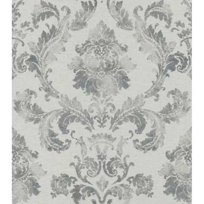 Rasch In Bloom Rosalie 412642 Gri Füme Damask Duvar Kağıdı Açık gri ve füme tonlarında vintage eskitme damask desenli Alman mimari duvar kağıdı