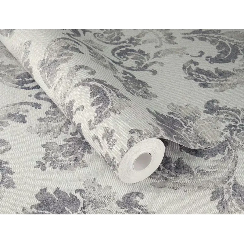 Rasch In Bloom Rosalie 412642 Gri Füme Damask Duvar Kağıdı Açık gri ve füme tonlarında vintage eskitme damask desenli Alman mimari duvar kağıdı