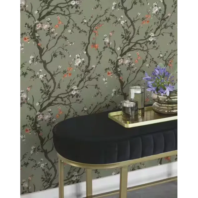 Adaçayı yeşili zemin üzerine pembe ve beyaz sakura çiçekli Alman mimari duvar kağıdı