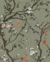 Rasch In Bloom 413243 Yeşil Zemin Sakura Kiraz Çiçeği Desenli Duvar Kağıdı, 5.33m²