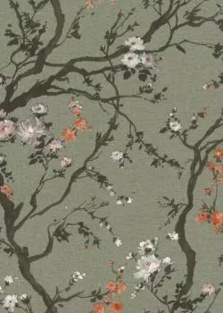 Rasch In Bloom 413243 Yeşil Zemin Sakura Kiraz Çiçeği Desenli Duvar Kağıdı, 5.33m²