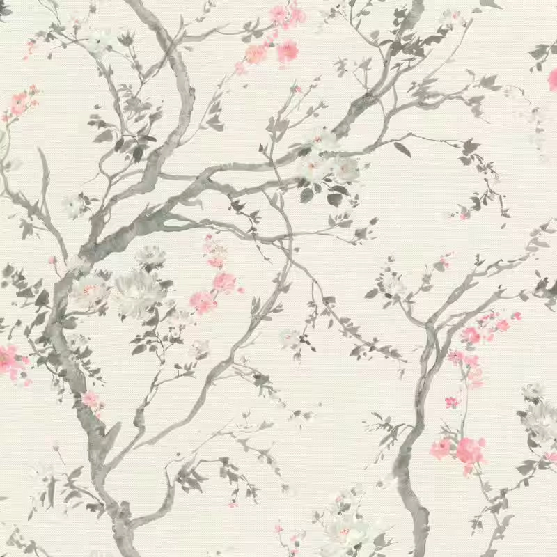 Rasch In Bloom 413250 Pembe Sakura Çiçekli Duvar Kağıdı Kırık beyaz zemin üzerine pembe ve gri sakura çiçekli Alman mimari duvar kağıdı