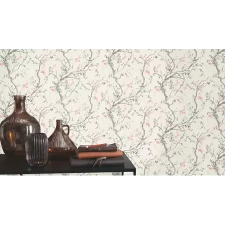 Rasch In Bloom 413250 Pembe Sakura Çiçekli Duvar Kağıdı Kırık beyaz zemin üzerine pembe ve gri sakura çiçekli Alman mimari duvar kağıdı