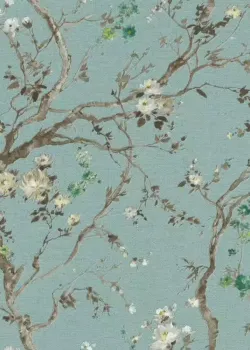 Rasch In Bloom 413267 Su Yeşili Zemin Sakura Kiraz Çiçeği Desenli Duvar Kağıdı, 5.33m²