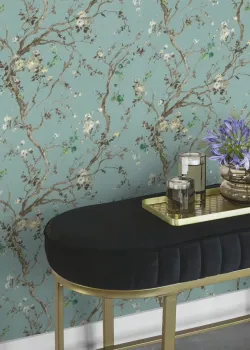 Rasch In Bloom 413267 Su Yeşili Zemin Sakura Kiraz Çiçeği Desenli Duvar Kağıdı, 5.33m²