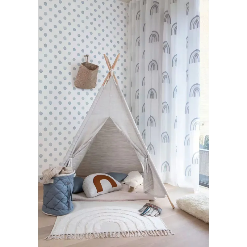 Rasch Kids World 2 252033 krem zeminli el çizimi sulu boya efektli iri mavi puantiyeli modern çocuk odası duvar kağıdı