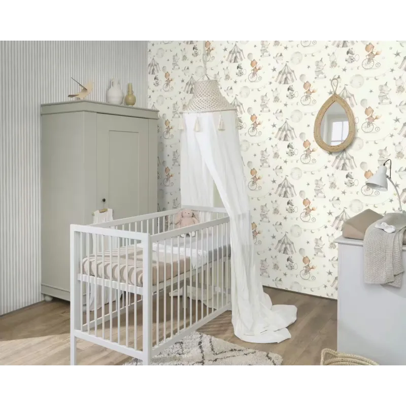 Rasch Kids World 2 252767 krem zemin üzerine sulu boya dikey gri çizgili mat çocuk odası duvar kağıdı