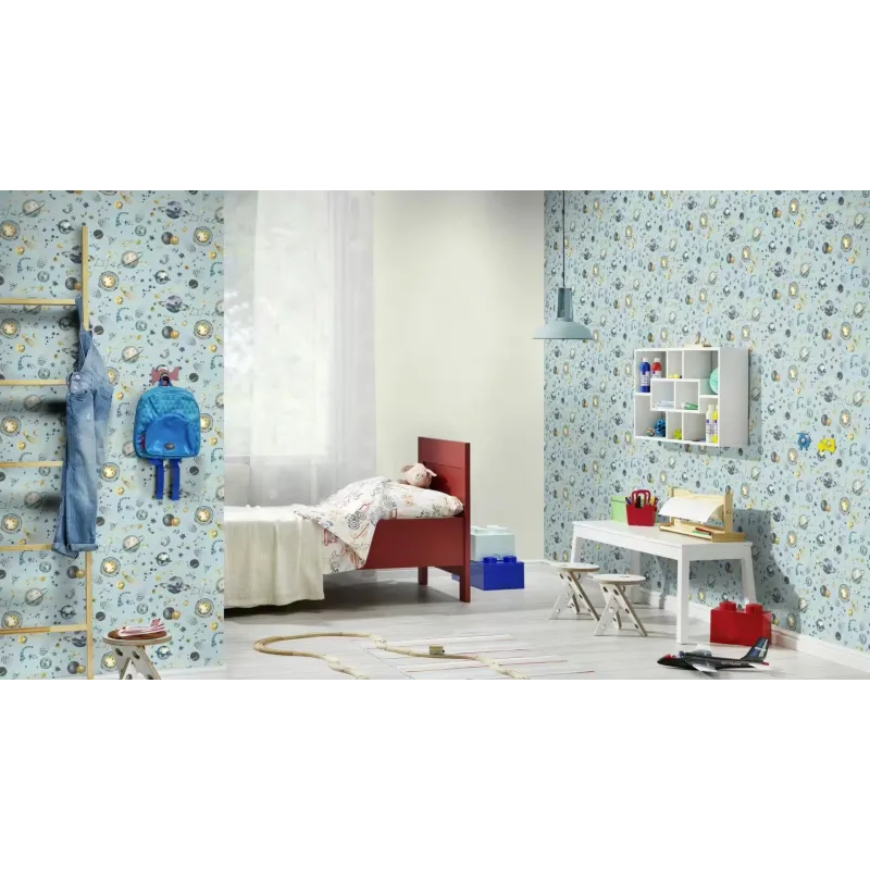 Rasch Kids World 2 300949 Gezegenler ve Uzay Duvar Kağıdı Mavi zemin üzerine sulu boya efektli renkli gezegenler kuyruklu yıldızlar ve gold parıltılı uzay desenli çocuk odası duvar kağıdı