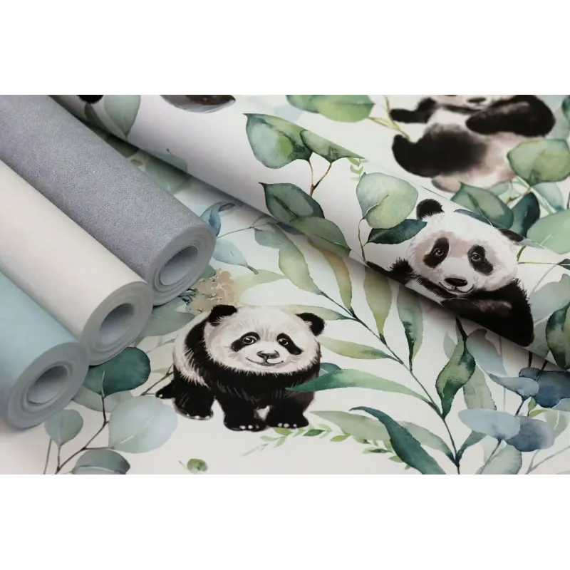 Rasch Kids World 2 301144 krem zeminli sulu boya yeşil okaliptüs yaprağı ve sevimli panda desenli bebek odası duvar kağıdı
