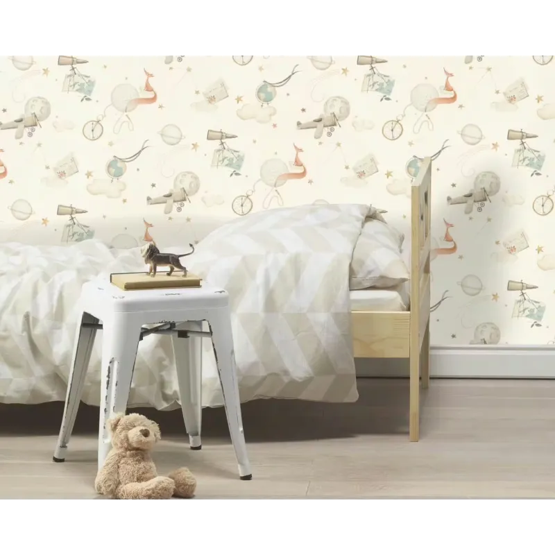 Rasch Kids World 2 302219 krem zeminli gezegen uçak teleskop ve sevimli tilki desenli Küçük Prens temalı çocuk duvar kağıdı