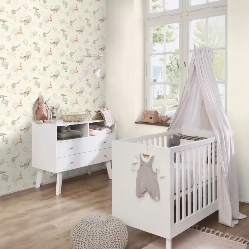 Rasch Kids World 2 302219 krem zeminli gezegen uçak teleskop ve sevimli tilki desenli Küçük Prens temalı çocuk duvar kağıdı