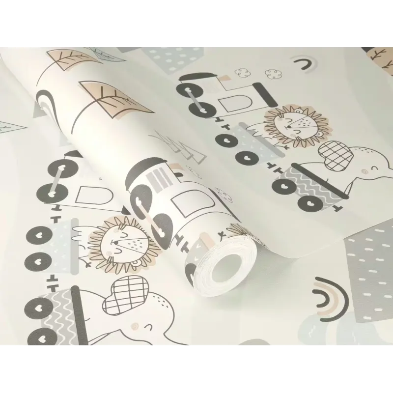 Rasch Kids World 2 302332 gri krem zeminli sirk treninde aslan fil kaplan ve çam ağacı desenli erkek bebek odası duvar kağıdı
