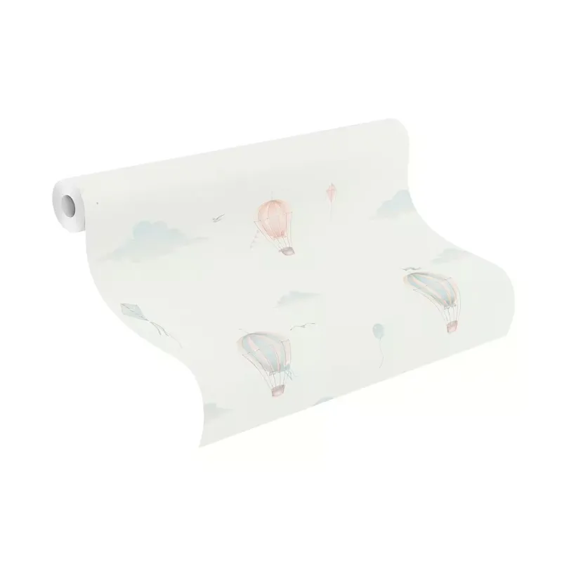 Rasch Kids World 2 302622 krem zeminli sulu boya mavi pembe sıcak hava balonu ve uçurtma desenli bebek odası duvar kağıdı