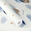 Rasch Kids World 2 321005 krem zeminli mavi hilal üzerinde uyuyan ayıcık bulut ve yıldız desenli bebek odası duvar kağıdı