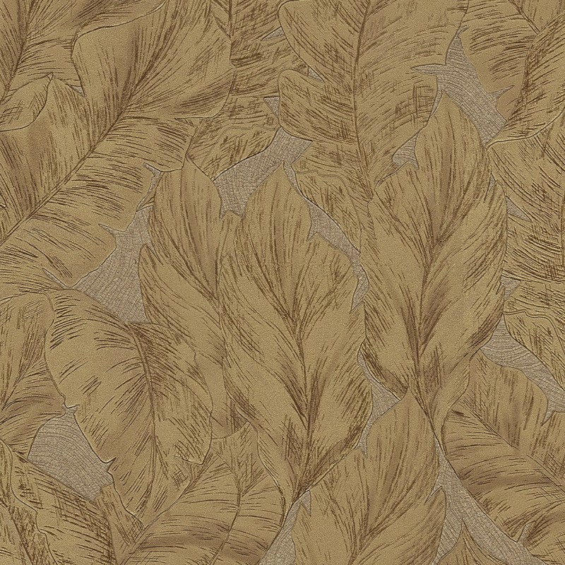 Roberto Cavalli No.9 RC21079 Duvar Kağıdı Vizon ve bronz zemin üzerine altın dore tropikal yaprak desenli kabartma dokulu lüks duvar kağıdı