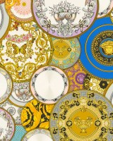 Versace VI 34901-1 Çok Renkli Mavi Altın Madalyon Tabağı Desenli İtalyan Duvar Kağıdı, 7.04m²