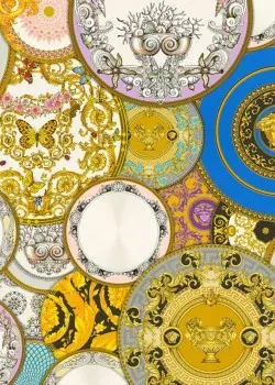 Versace VI 34901-1 Çok Renkli Mavi Altın Madalyon Tabağı Desenli İtalyan Duvar Kağıdı, 7.04m²