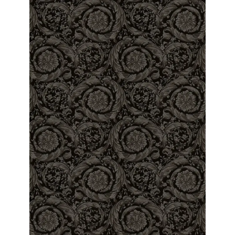 Versace VI 79135-2 Siyah Antrasit Barok Duvar Kağıdı Siyah zemin üzerine antrasit ve füme barok yaprak desenli Versace VI 79135-2 duvar kağıdı