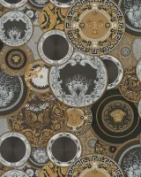 Versace VI 79136-4 Siyah Altın Gümüş Madalyon Tabağı Desenli İtalyan Duvar Kağıdı, 7.04m²