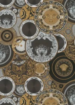 Versace VI 79136-4 Siyah Altın Gümüş Madalyon Tabağı Desenli İtalyan Duvar Kağıdı, 7.04m²