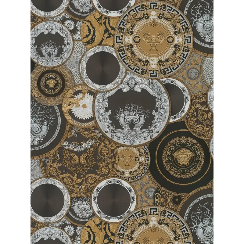 Versace VI 79136-4 Siyah Altın Madalyon Duvar Kağıdı Siyah zemin üzerine altın ve gümüş renkli barok madalyon tabak desenli Versace VI duvar kağıdı