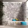 Siyah mürekkep kontürlü, fantastik mimari ve figür detaylı duvar kağıdı paneli Z61028-1 New Together.