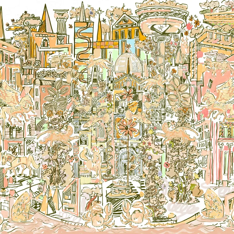 Pastel şeftali, turuncu ve sarı-yeşil tonlarda, detaylı fantastik kent duvar kağıdı paneli Z61028-2 New Together.