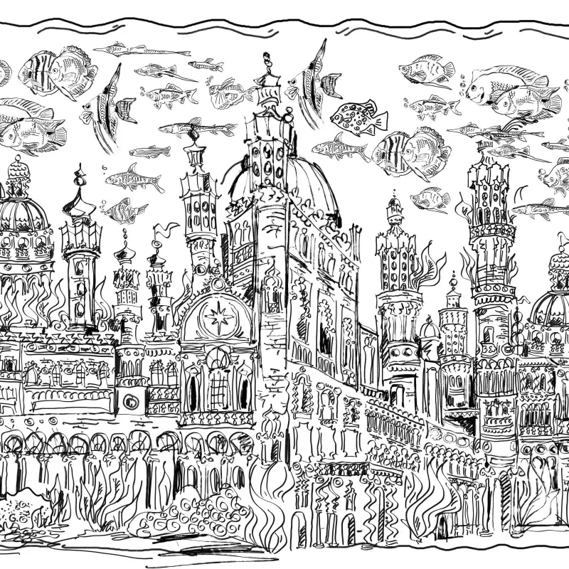 Siyah beyaz tonlarda, balıkların yüzdüğü detaylı Atlantis sualtı şehir çizimi duvar kağıdı paneli Z61031-3.