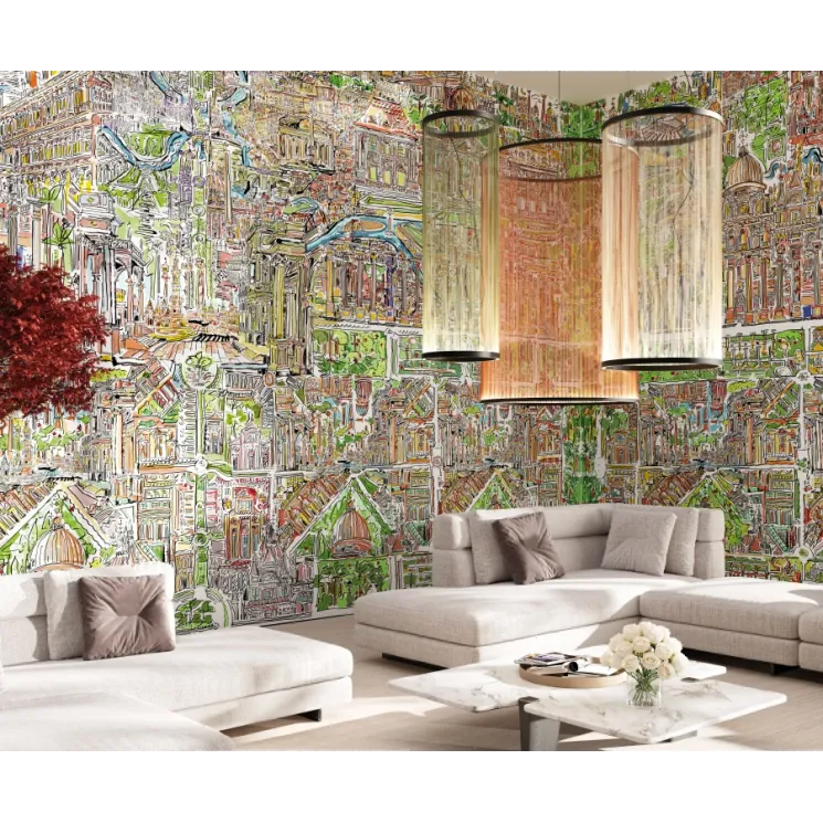 Foresta Umana Parlak Renkli Şehir Çizimi Duvar Kağıdı Paneli Project Z61032-3 Parlak pembe, mor ve yeşil tonlarda, yoğun detaylı "İnsan Ormanı" sürrealist şehir çizimi duvar kağıdı paneli Z61032-3.