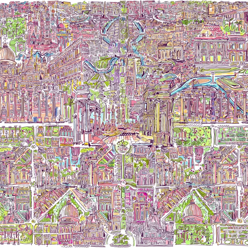 Foresta Umana Parlak Renkli Şehir Çizimi Duvar Kağıdı Paneli Project Z61032-3 Parlak pembe, mor ve yeşil tonlarda, yoğun detaylı "İnsan Ormanı" sürrealist şehir çizimi duvar kağıdı paneli Z61032-3.