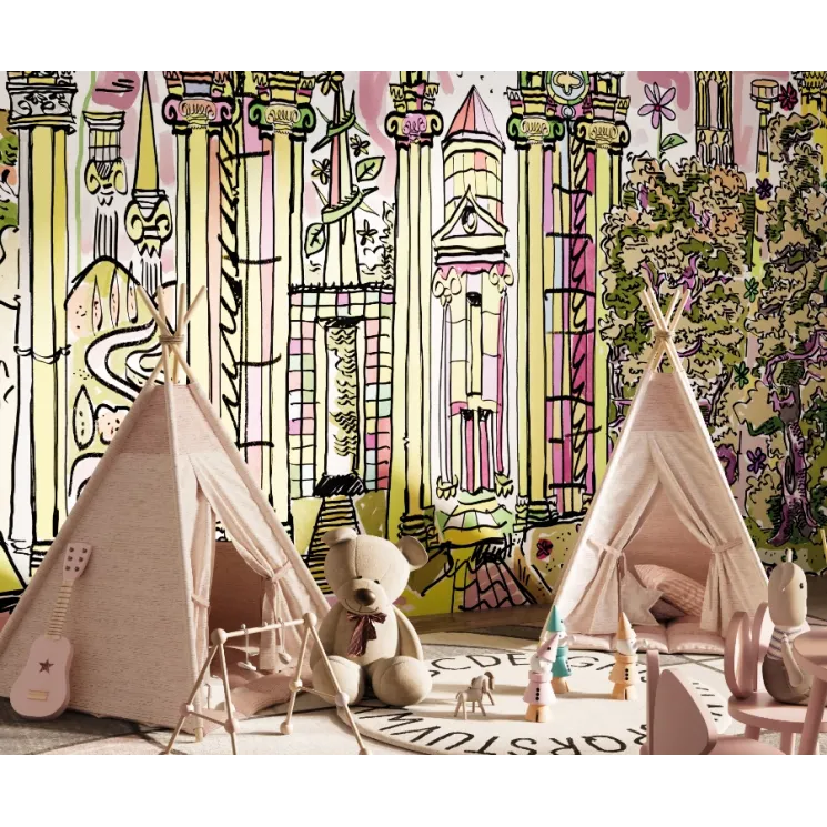 Foresta Postmoderna Canlı Renkli Mimari Çizim Duvar Kağıdı Paneli Project Z61033-1 Parlak pembe, sarı ve yeşil tonlarda, klasik kolonları ve ağaçları gösteren Postmodern Sürrealist mimari çizim duvar kağıdı paneli Z61033-1.