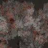 Koyu füme/siyah zemin üzerinde gri ve pas kırmızısı tonlarda, pikselli ağaç silüeti gösteren duvar kağıdı paneli Z61038-1.