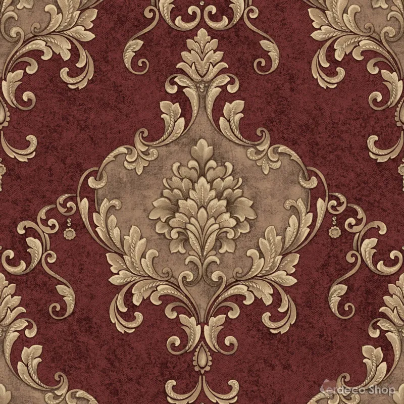 Casa Chic Z20140 bordo ve altın tonlarında, büyük damask desenli, klasik lüks duvar kağıdı.