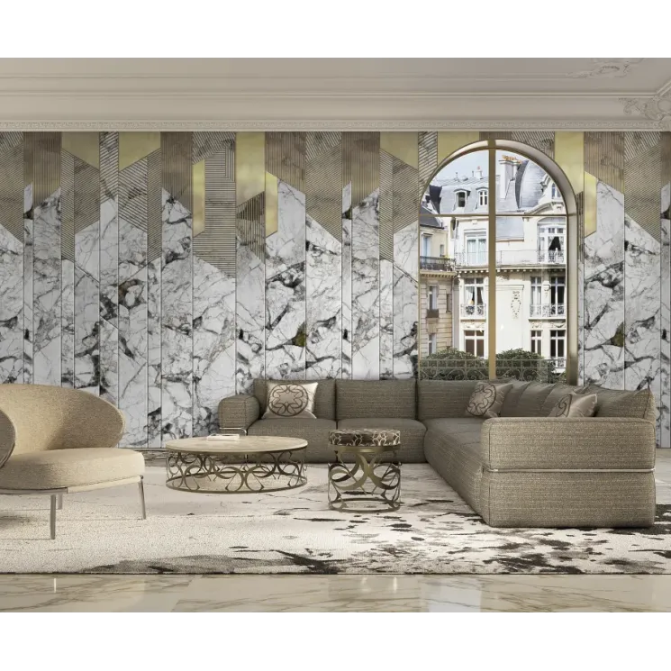Beyaz gri mermer zeminli, altın çizgili Z34946 panel duvar kağıdı