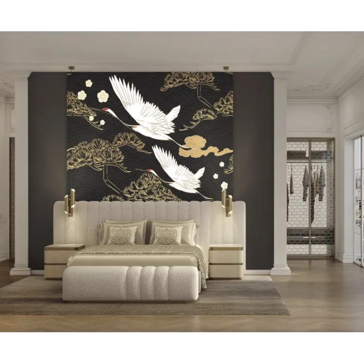 Z34988 Japon esintili turna duvar paneli Elie Saab Z34988 turna kuşları ve altın bulutlu Japon stil panel