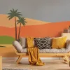 Retro Stilde Çöl Manzaralı Palmiyeli Duvar Posteri Marrakech Z70756, Kumaş dokulu, turuncu mavi yeşil renkli, retro minimalist çöl manzarası palmiyeli duvar posteri