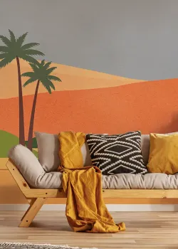 Marrakech Z70758, Hardal Gri Tonlu Çöl Deniz Manzarası Palmiyeli Posteri, 15m²