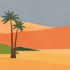 Retro Stilde Çöl Manzaralı Palmiyeli Duvar Posteri Marrakech Z70756, Kumaş dokulu, turuncu mavi yeşil renkli, retro minimalist çöl manzarası palmiyeli duvar posteri