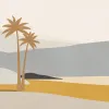 Hardal ve Gri Kontrastlı Çöl Deniz Manzarası Poster Marrakech Z70758, Kumaş dokulu, hardal sarısı ve gri mavi kontrastlı, minimalist çöl deniz manzaralı palmiyeli duvar posteri