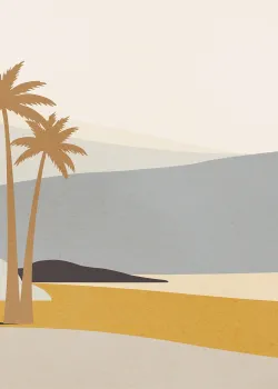 Marrakech Z70758, Hardal Gri Tonlu Çöl Deniz Manzarası Palmiyeli Posteri, 15m²